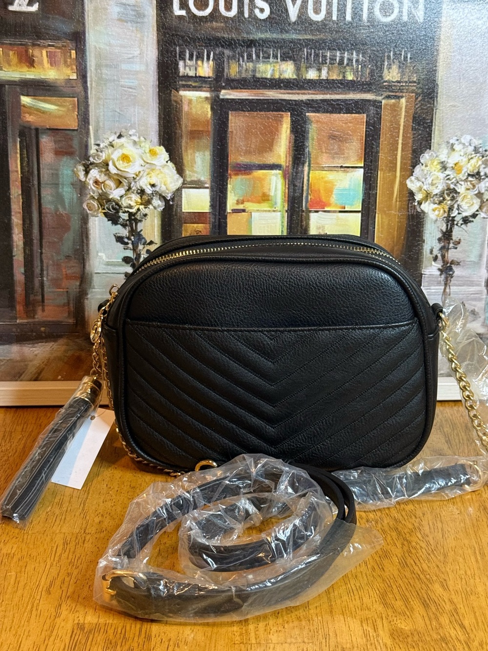NWT Unbranded Black Quilted Leather Crossbody Bag